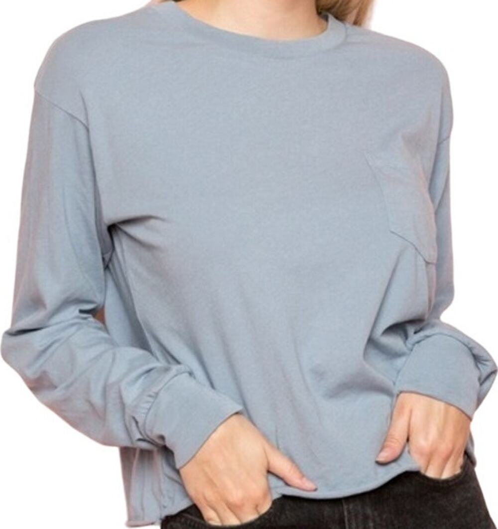 Brandy Melville Long Sleeve Tee 100% Cotton Raw Hem Chest Pocket Crew Neck Blue